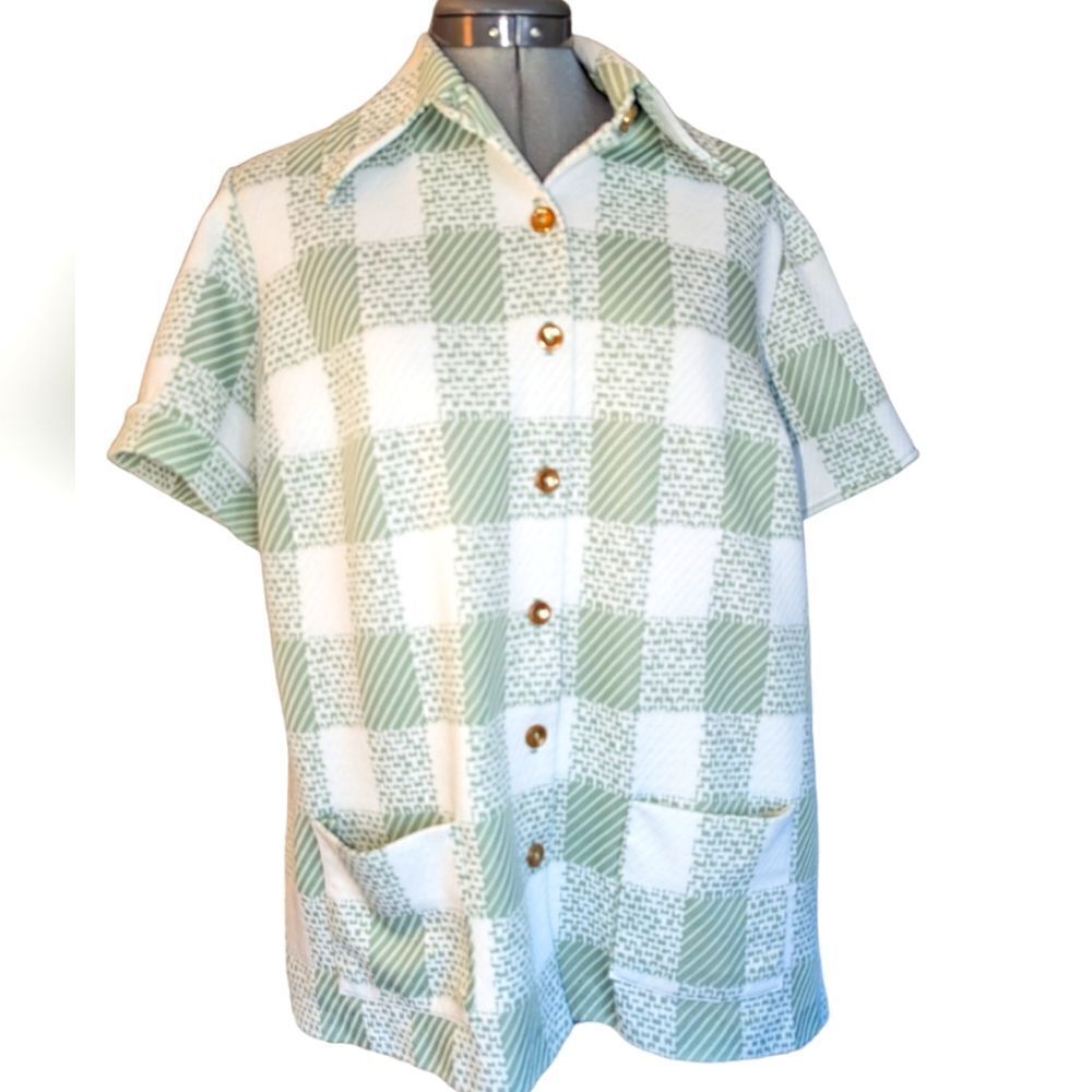 Vintage 60s  green‎ and white checkered polyester top